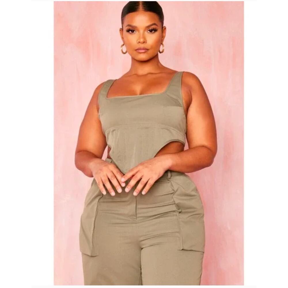 PLT Olive Green Structured Dip Hem Cargo Crop Corset Bustier Sz 14 Y2K Utility - Picture 9 of 14
